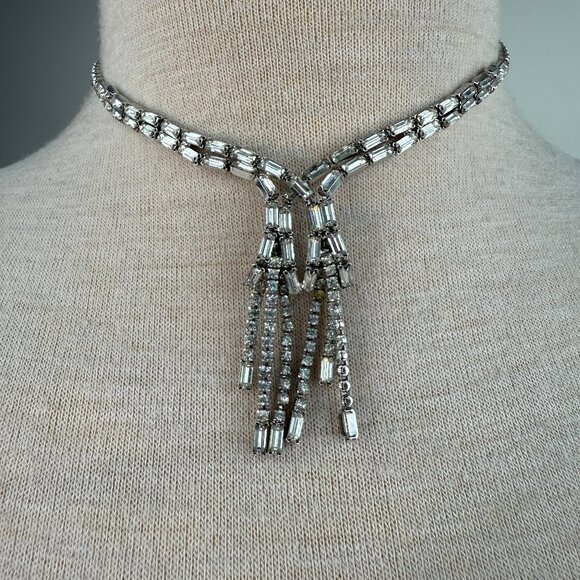 Vintage Kramer Clear Rhinestone Waterfall Necklace 15.5" - Picture 1 of 14